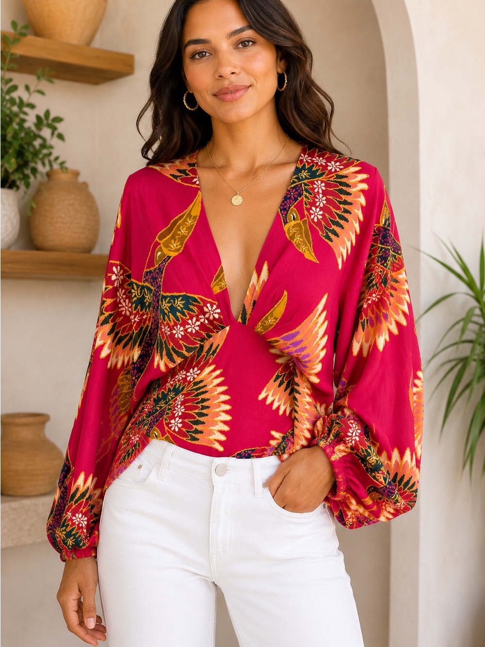 Farm Rio Pink Tropical Bird Print Twist Front Blouse Balloon Sleeve XS - Picture 1 of 8